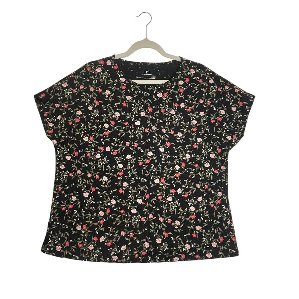 J.Jill Size Large Black Floral Luxe Supima Cotton Relaxed Short Sleeve Tee